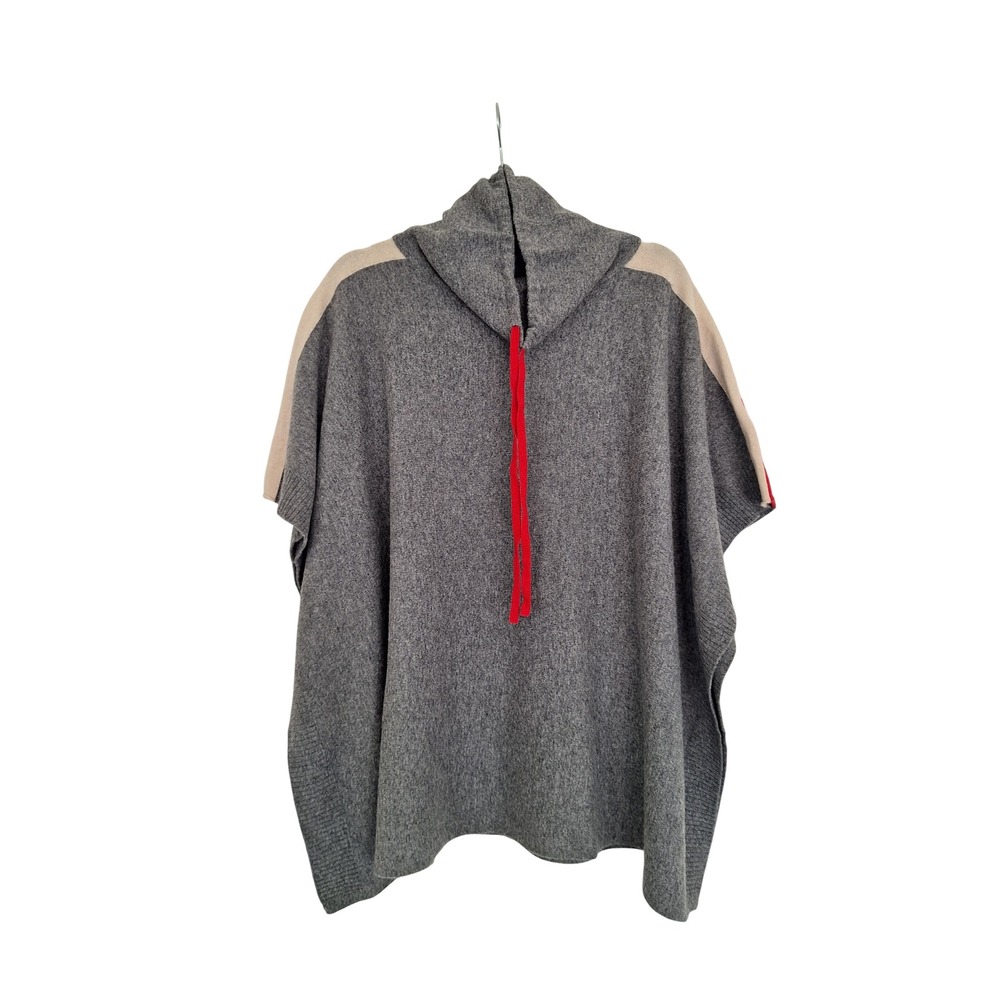 Tahari Merino Wool Cashmere Blend Poncho Sweater Gray Red Colorblock One Size